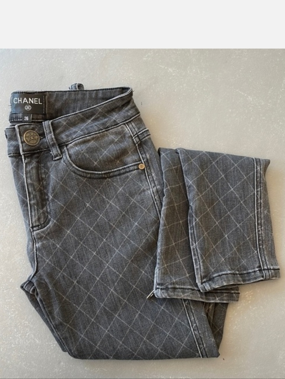 CHANEL Women's Quilted Diamond-Pattern Skinny Jeans in Gray Size 26